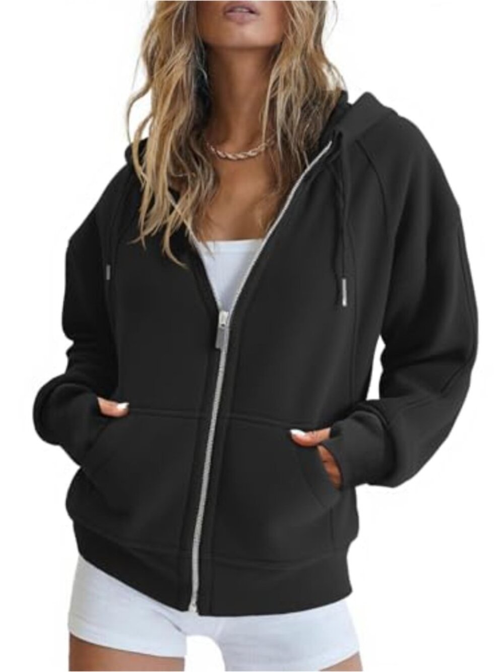 Fleece Lined Zip Up Crop Hoodie with Thumb Hole Casual Long Sleeve